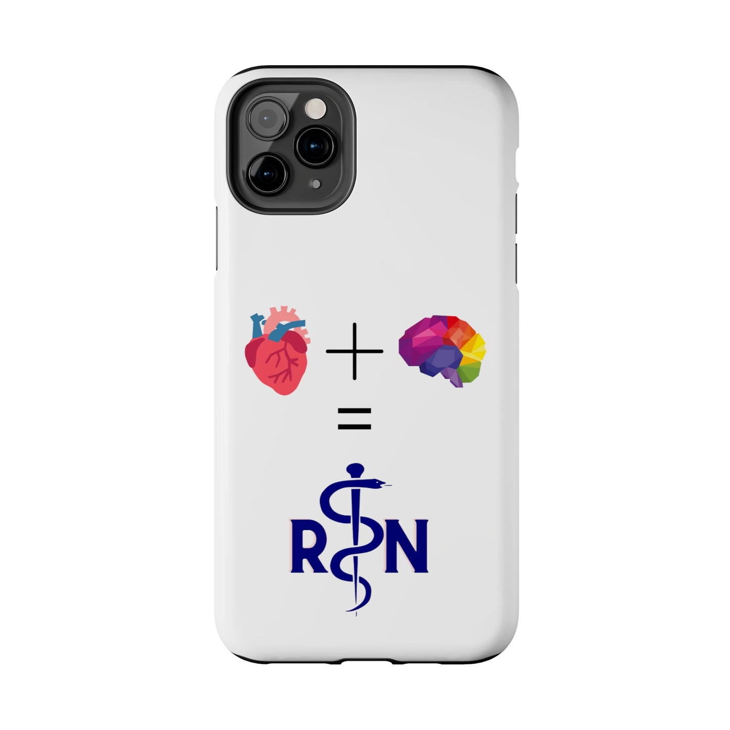 White iPhone case with graphic of a heart, a plus sign, a graphic of a colorful brain, the equals symbol and the letters R and N separated by the staff of Aesculapius.