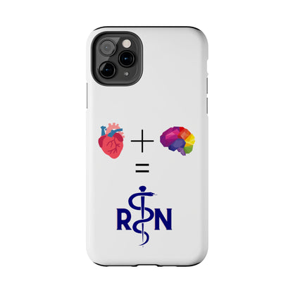 White iPhone case with graphic of a heart, a plus sign, a graphic of a colorful brain, the equals symbol and the letters R and N separated by the staff of Aesculapius.