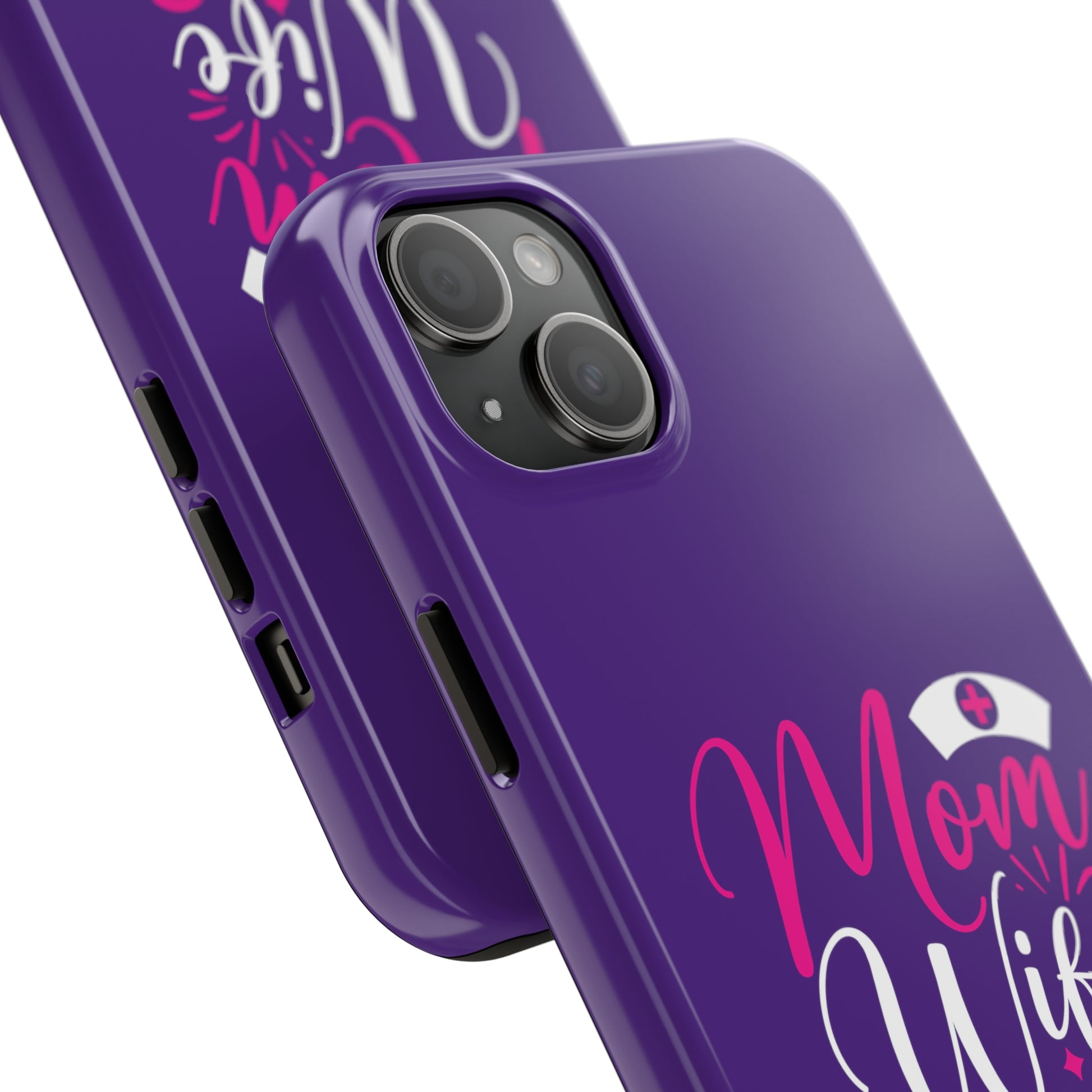 Blue iPhone case with graphic text "Mom, Wife, Nurse, Rockstar" in alternating pink and white. The word "Mom" is topped by an old style nurses' hat.