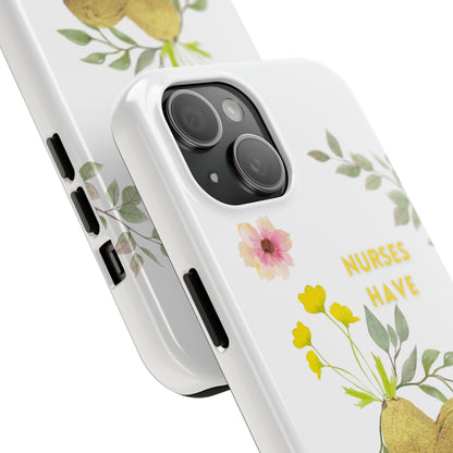 White iPhone case with wild flowers and a golden flower heart and text that says: "Nurses have hearts of gold".