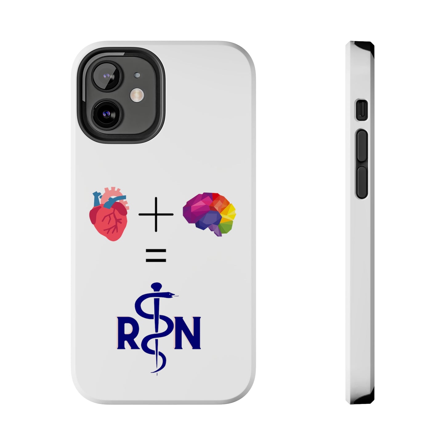 White iPhone case with graphic of a heart, a plus sign, a graphic of a colorful brain, the equals symbol and the letters R and N separated by the staff of Aesculapius.