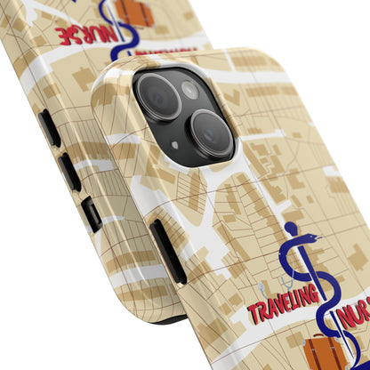 iPhone case with background of a map in brown.  Centered is the Staff of Asclepius riding on a skateboard with a suitcase and the words "Traveling Nurse". Underneath are the words "Living The Dream".