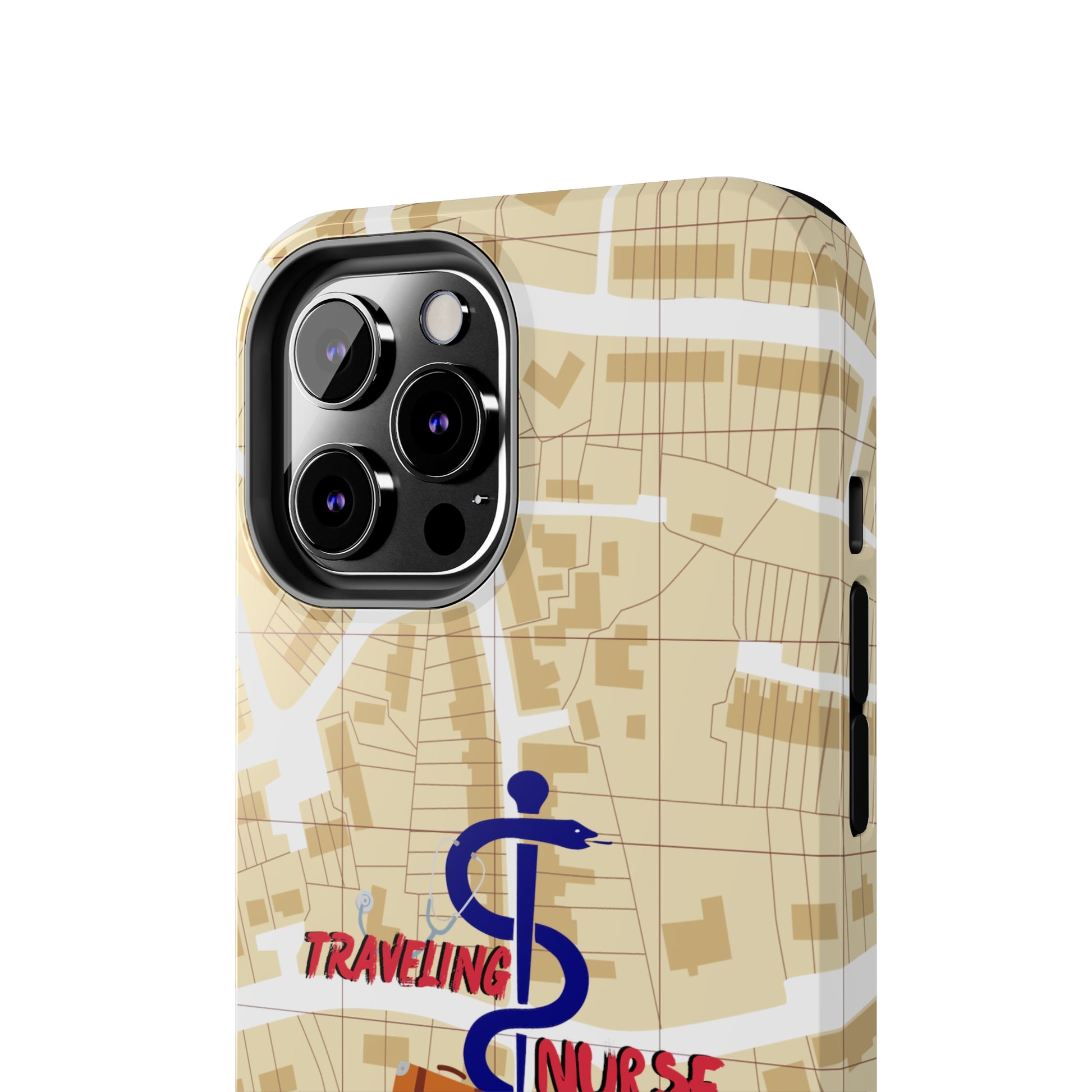 iPhone case with background of a map in brown.  Centered is the Staff of Asclepius riding on a skateboard with a suitcase and the words "Traveling Nurse". Underneath are the words "Living The Dream".