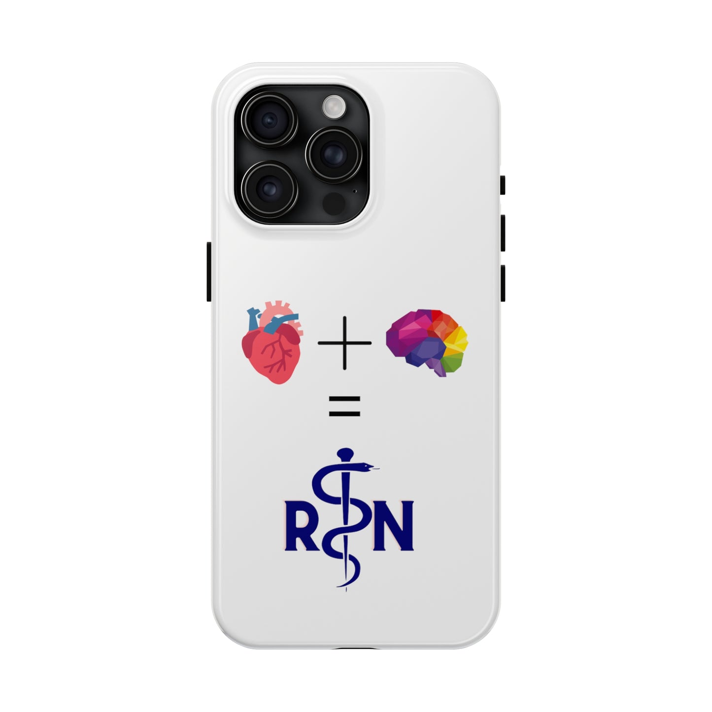 White iPhone case with graphic of a heart, a plus sign, a graphic of a colorful brain, the equals symbol and the letters R and N separated by the staff of Aesculapius.