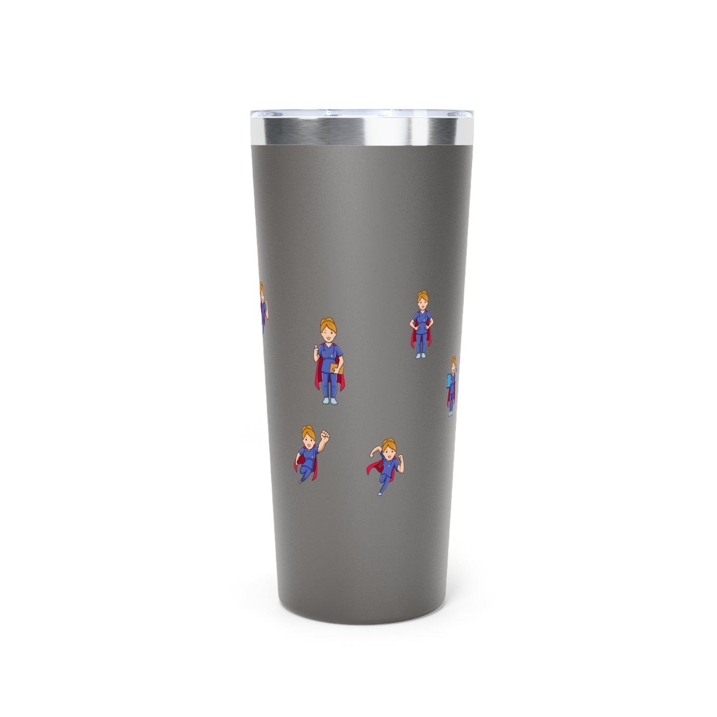 Gray 22oz tumbler.  Feature graphics are the Aesculapius staff in dark Blue with the words "Nurse Power" in red and smaller flying nurse figures around the circumference.