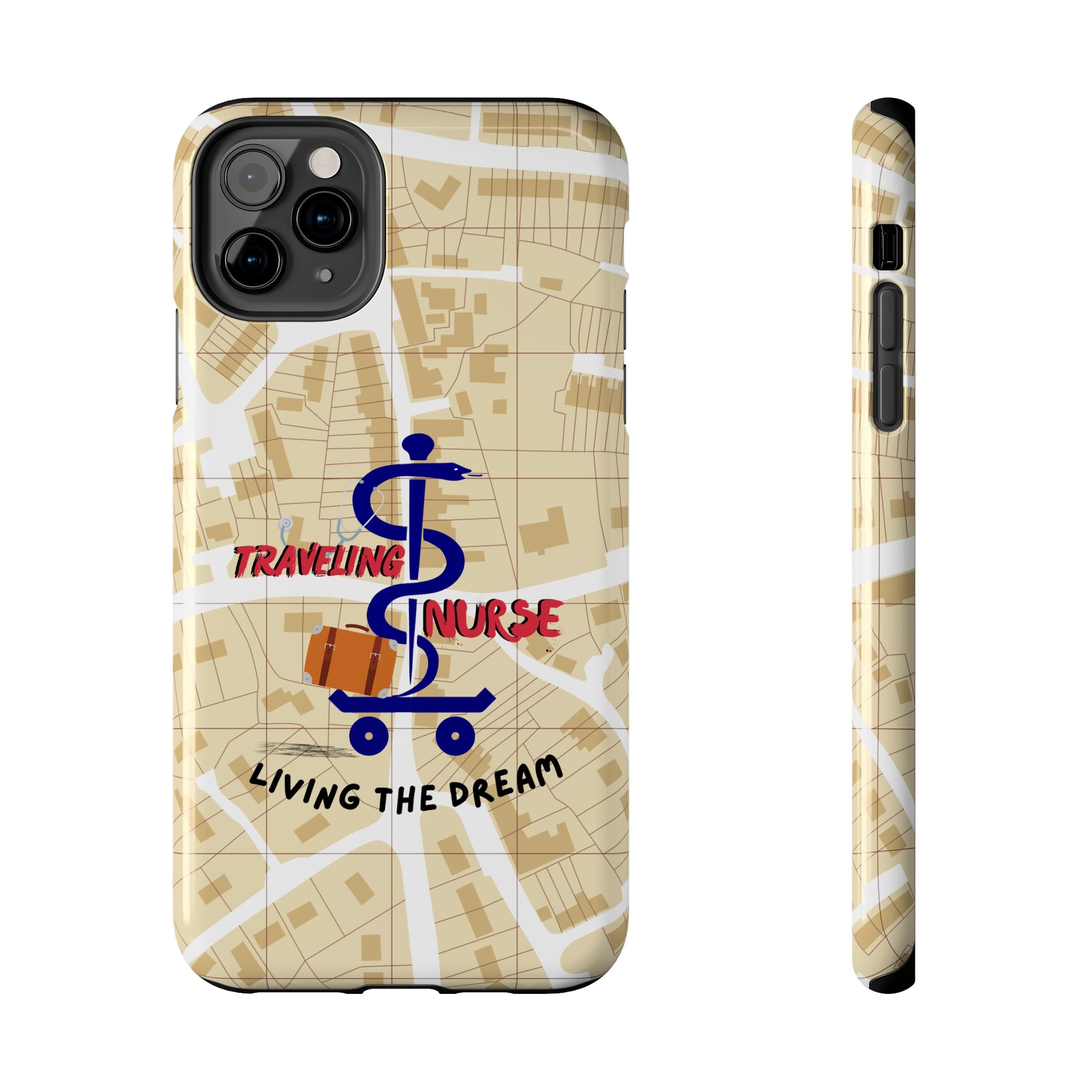 iPhone case with background of a map in brown.  Centered is the Staff of Asclepius riding on a skateboard with a suitcase and the words "Traveling Nurse". Underneath are the words "Living The Dream".