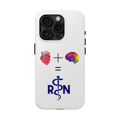 White iPhone case with graphic of a heart, a plus sign, a graphic of a colorful brain, the equals symbol and the letters R and N separated by the staff of Aesculapius.