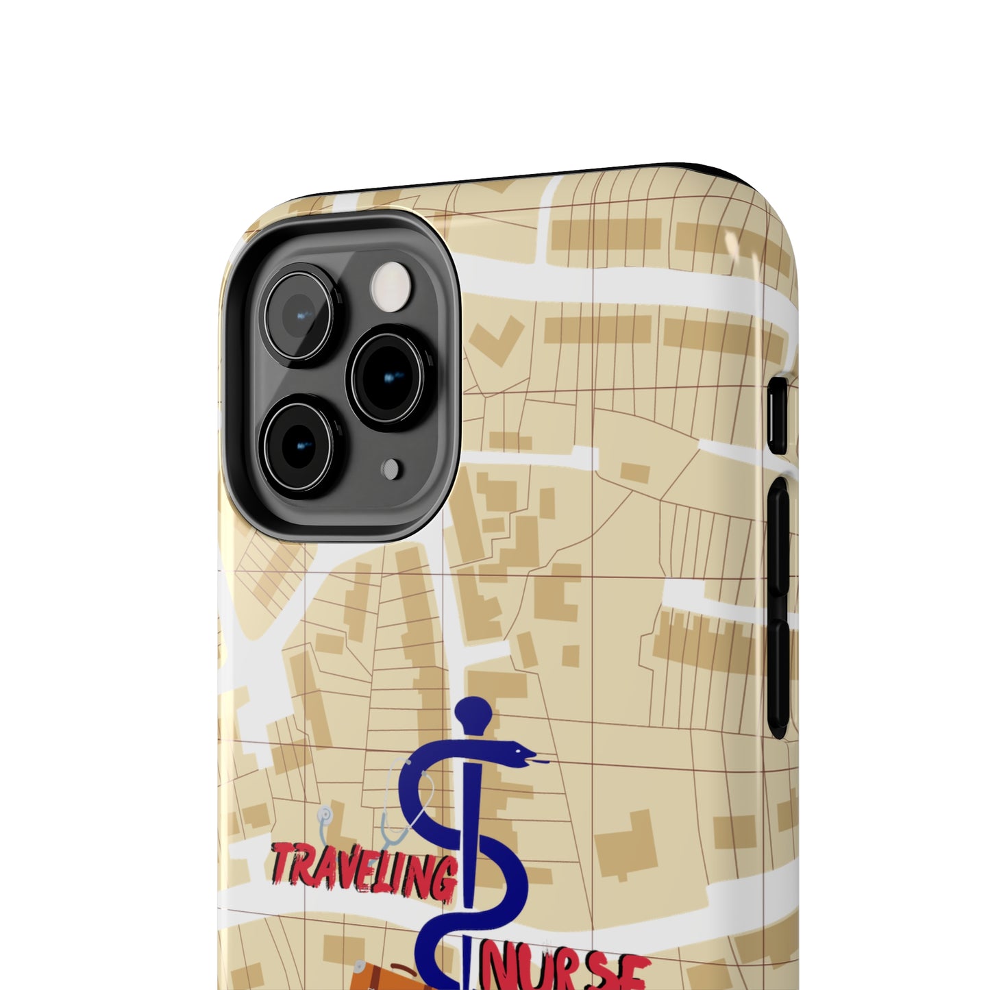 iPhone case with background of a map in brown.  Centered is the Staff of Asclepius riding on a skateboard with a suitcase and the words "Traveling Nurse". Underneath are the words "Living The Dream".