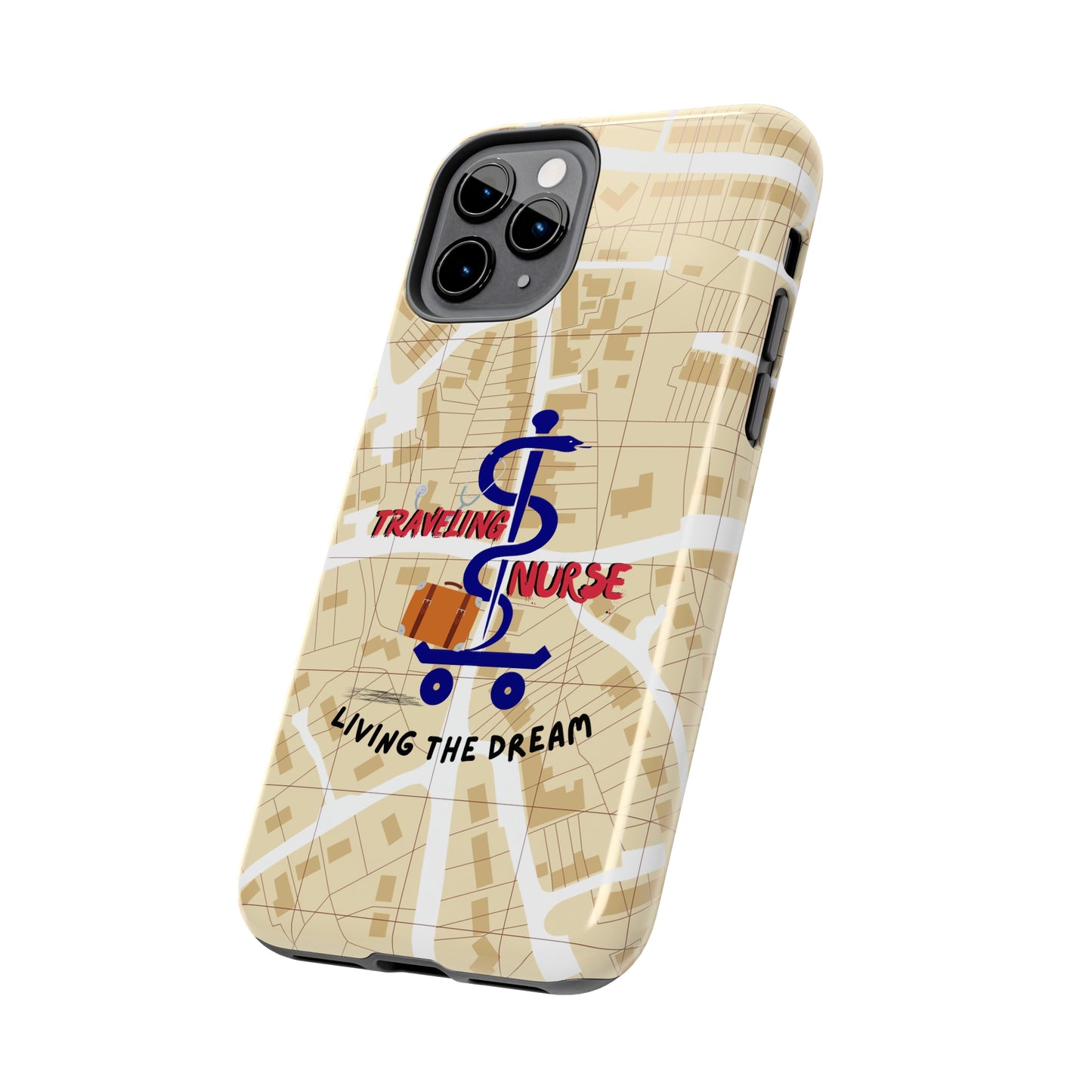 iPhone case with background of a map in brown.  Centered is the Staff of Asclepius riding on a skateboard with a suitcase and the words "Traveling Nurse". Underneath are the words "Living The Dream".