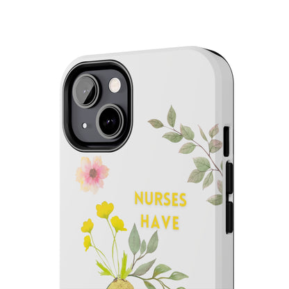 White iPhone case with wild flowers and a golden flower heart and text that says: "Nurses have hearts of gold".