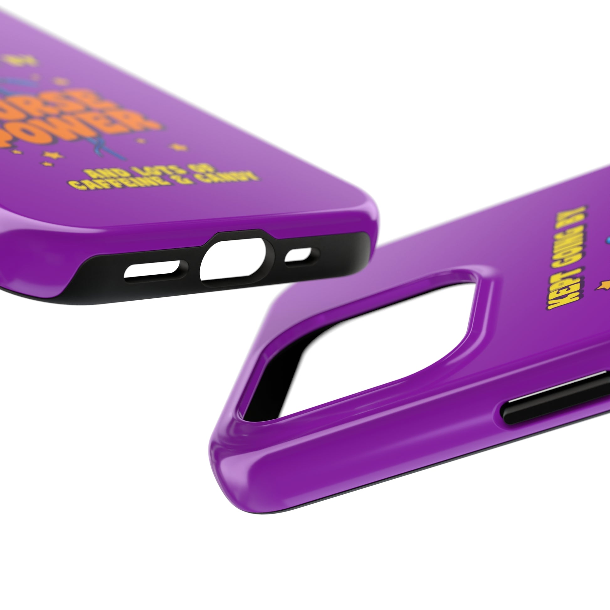 Purple iPhone case with the staff of caduceus centered with the words "Nurse Power" in blue and orange .  Above it the words "Kept Going By" and below the words "and lots of caffeine & candy in yellow."