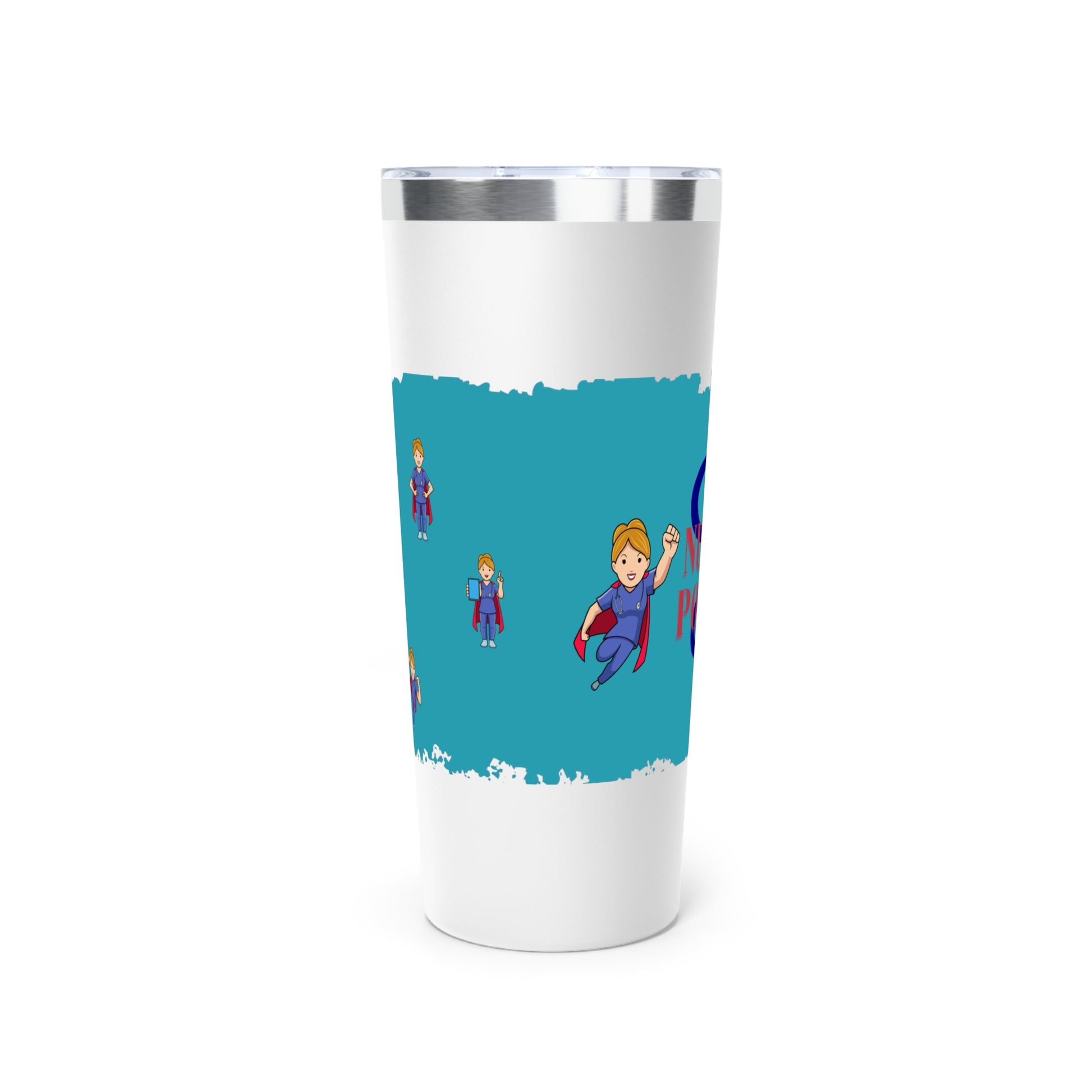 Black or white 22oz tumbler with teal center.  Feature graphics are the Aesculapius staff with the words "Nurse Power" and smaller flying nurse figures around the circumfranse. 