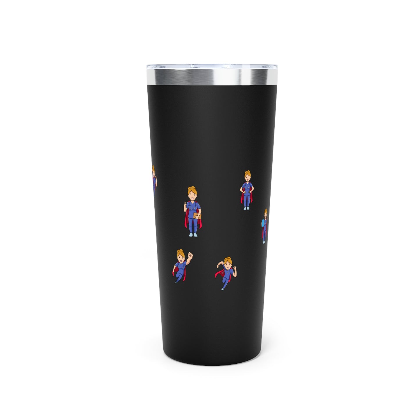 Black 22oz tumbler.  Feature graphics are the Aesculapius staff in dark Blue with the words "Nurse Power" in red and smaller flying nurse figures around the circumference.