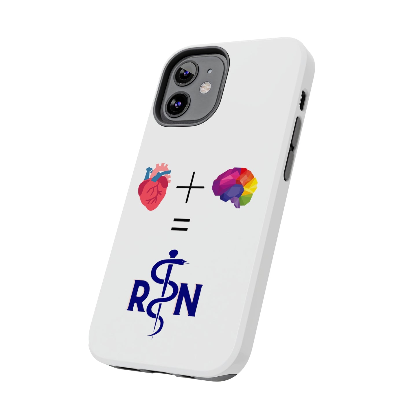 White iPhone case with graphic of a heart, a plus sign, a graphic of a colorful brain, the equals symbol and the letters R and N separated by the staff of Aesculapius.