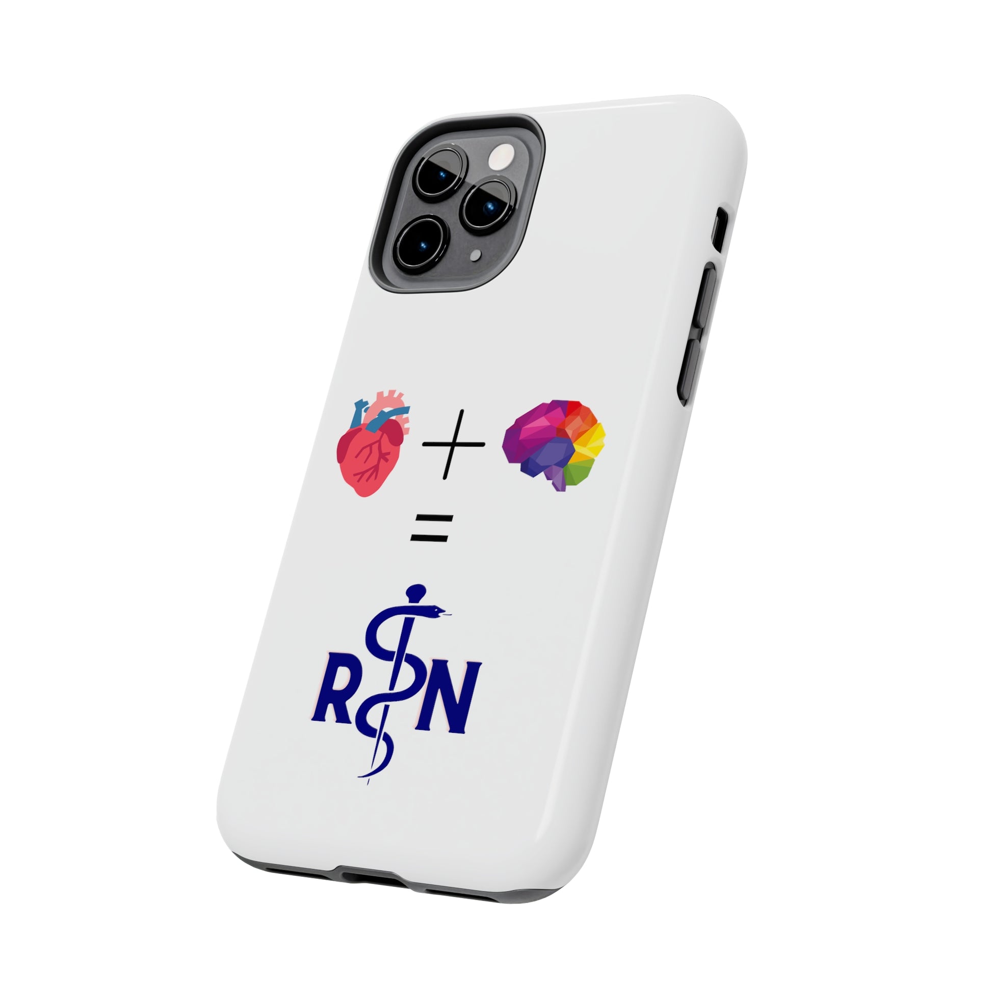 White iPhone case with graphic of a heart, a plus sign, a graphic of a colorful brain, the equals symbol and the letters R and N separated by the staff of Aesculapius.