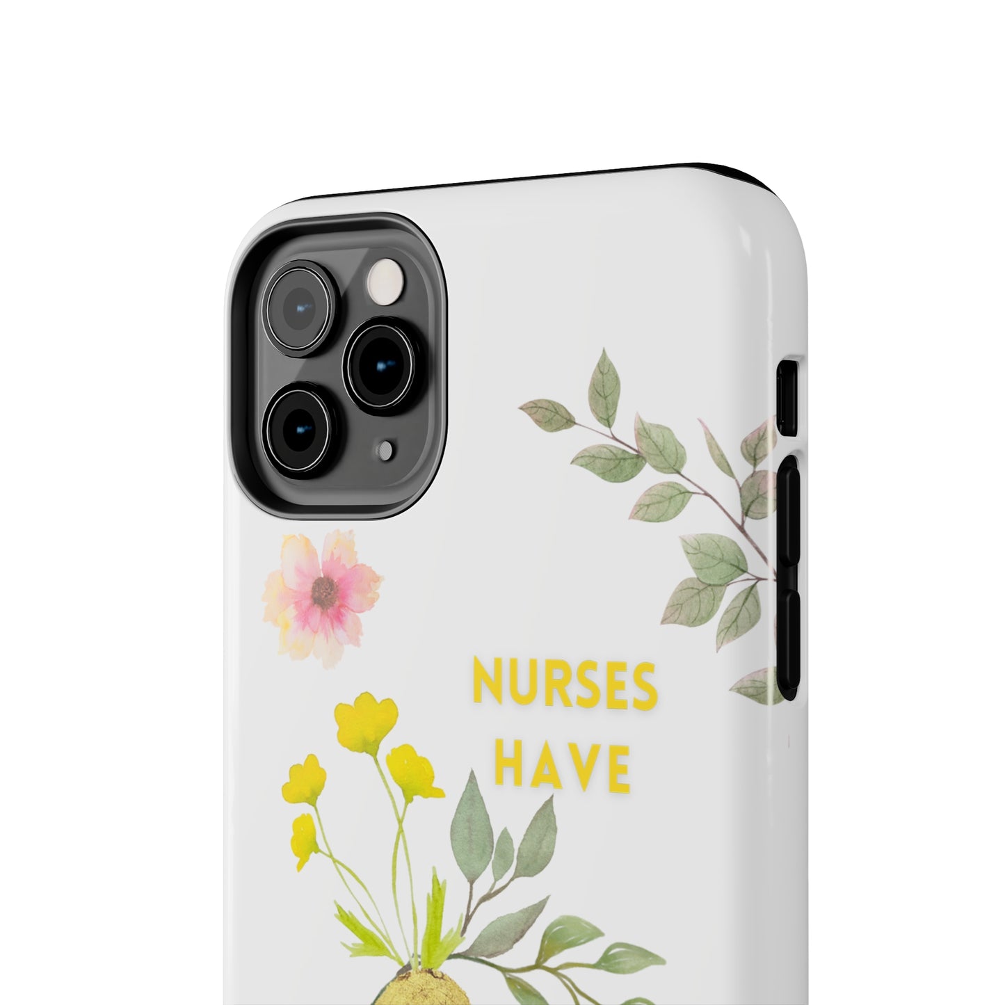 White iPhone case with wild flowers and a golden flower heart and text that says: "Nurses have hearts of gold".