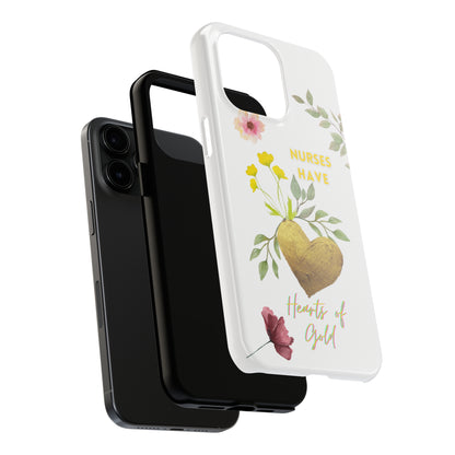 Shows the layers make up the protection of the case.White iPhone case with wild flowers and a golden flower heart and text that says: "Nurses have hearts of gold".