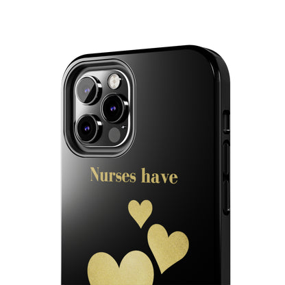 Black iPhone case with three hearts of gold  and text that says "Nurses have hearts of Gold" in gold text.