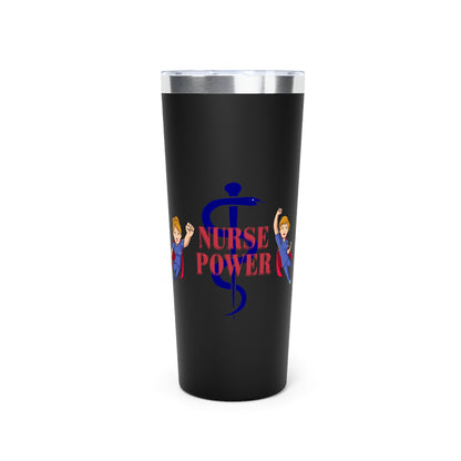 Black 22oz tumbler.  Feature graphics are the Aesculapius staff in dark Blue with the words "Nurse Power" in red and smaller flying nurse figures around the circumference.