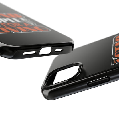 Black iPhone case with graphic text "I Stab People for a Living" in orange and white text.