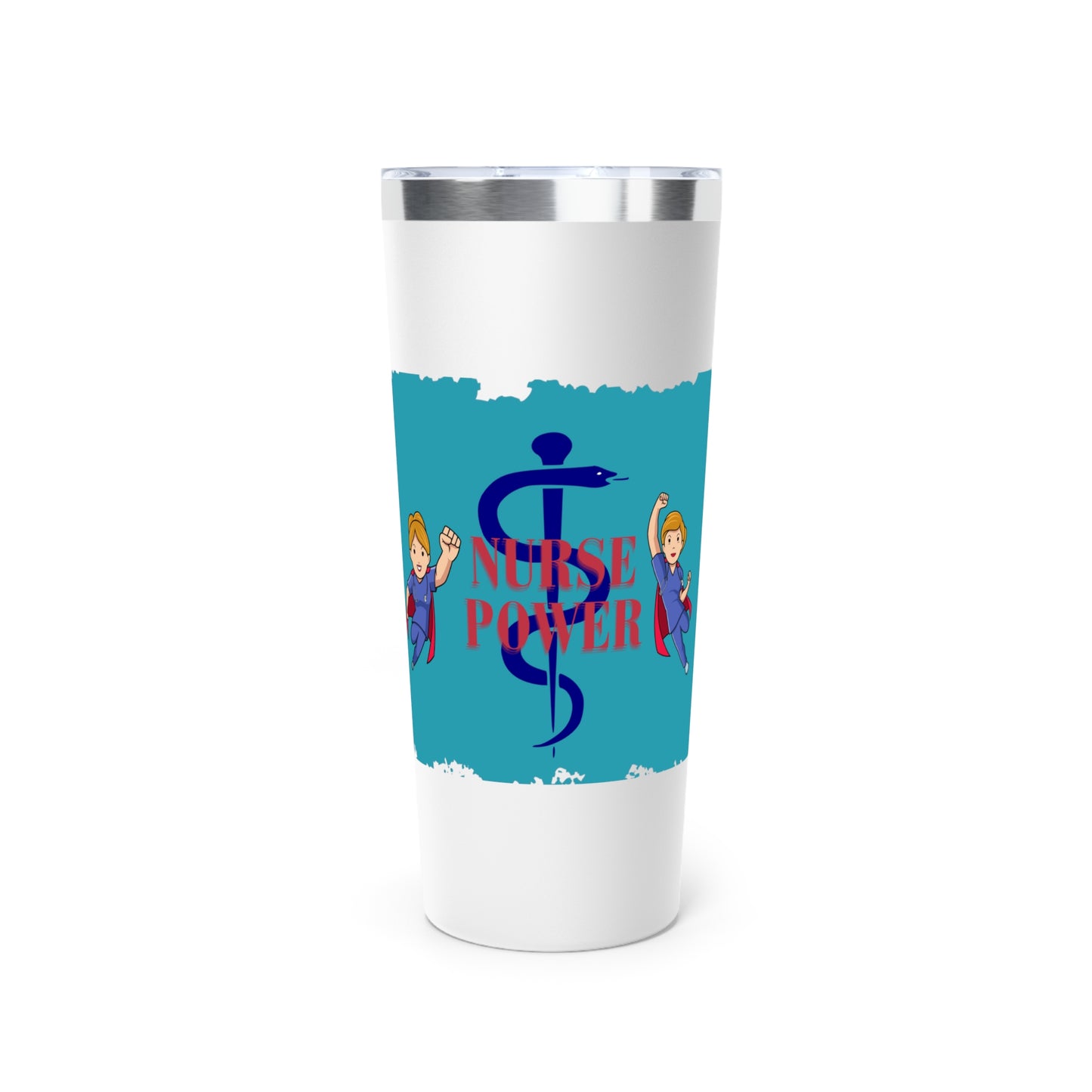 Black or white 22oz tumbler with teal center.  Feature graphics are the Aesculapius staff with the words "Nurse Power" and smaller flying nurse figures around the circumfranse. 