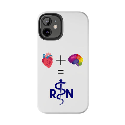 White iPhone case with graphic of a heart, a plus sign, a graphic of a colorful brain, the equals symbol and the letters R and N separated by the staff of Aesculapius.