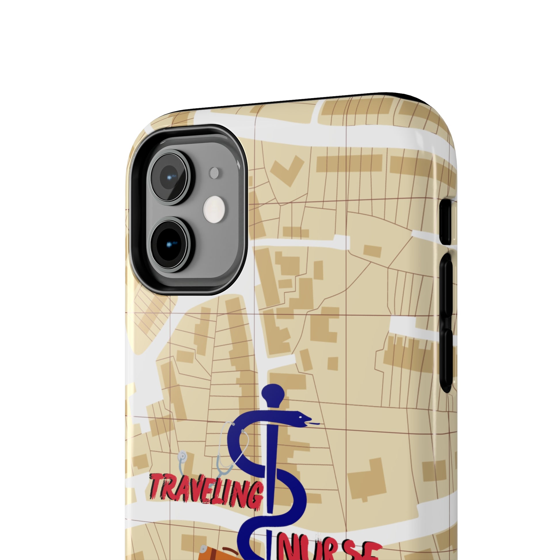 iPhone case with background of a map in brown.  Centered is the Staff of Asclepius riding on a skateboard with a suitcase and the words "Traveling Nurse". Underneath are the words "Living The Dream".