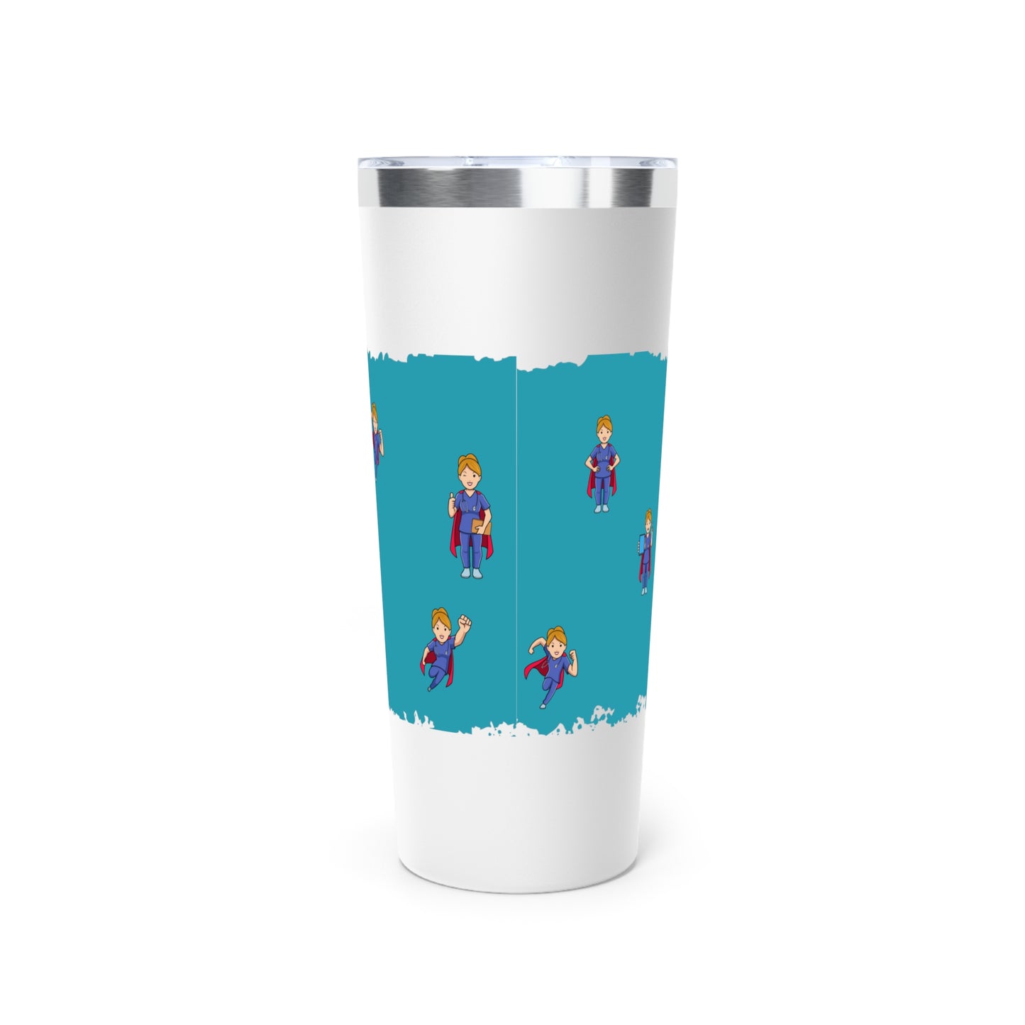 Black or white 22oz tumbler with teal center.  Feature graphics are the Aesculapius staff with the words "Nurse Power" and smaller flying nurse figures around the circumfranse. 