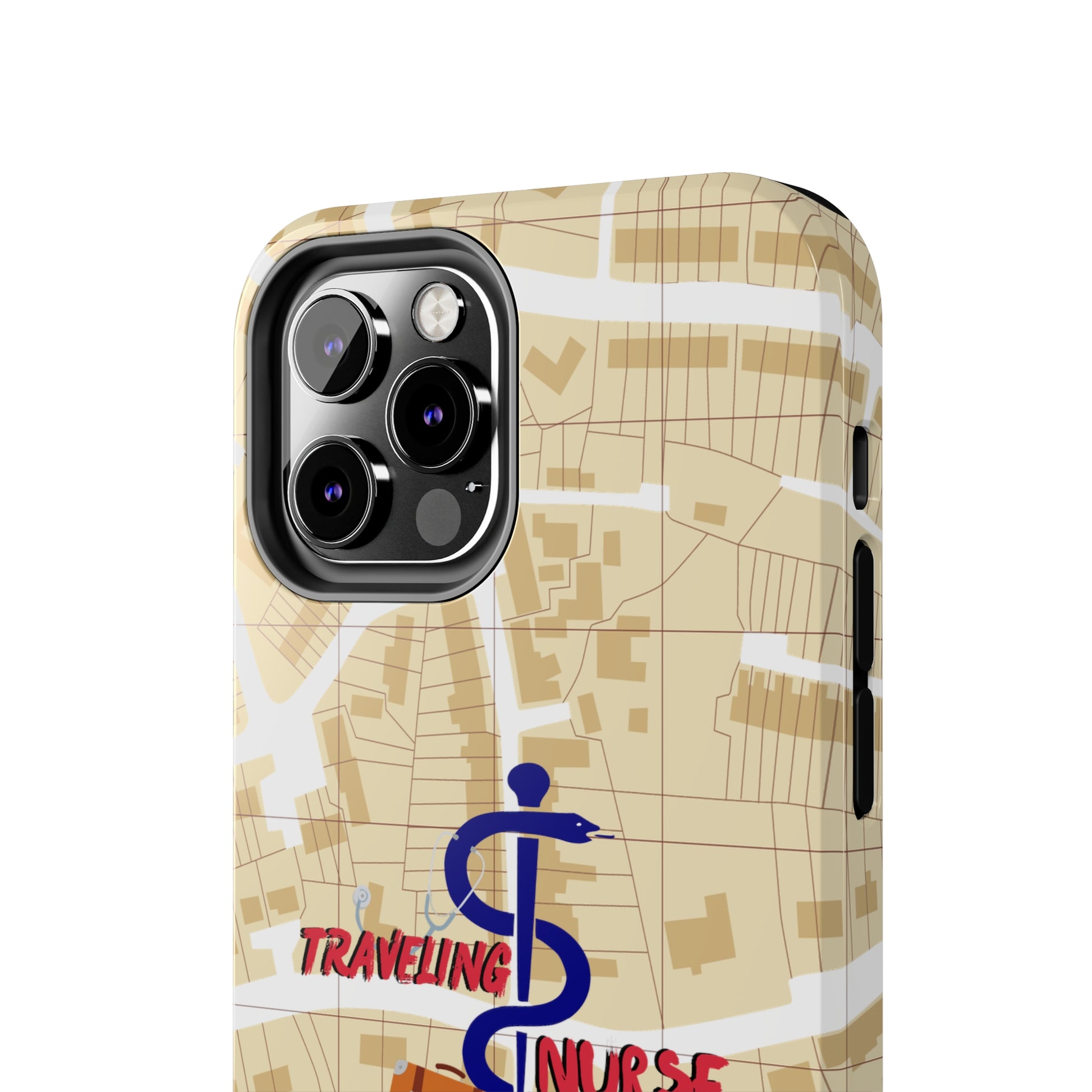 iPhone case with background of a map in brown.  Centered is the Staff of Asclepius riding on a skateboard with a suitcase and the words "Traveling Nurse". Underneath are the words "Living The Dream".