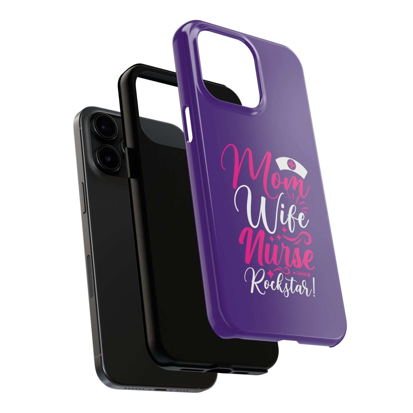 Blue iPhone case with graphic text "Mom, Wife, Nurse, Rockstar" in alternating pink and white. The word "Mom" is topped by an old style nurses' hat.