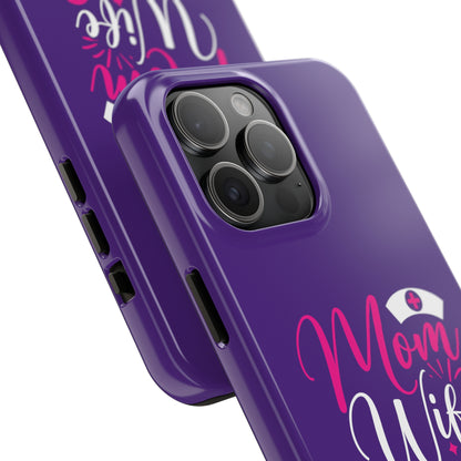 Blue iPhone case with graphic text "Mom, Wife, Nurse, Rockstar" in alternating pink and white. The word "Mom" is topped by an old style nurses' hat.