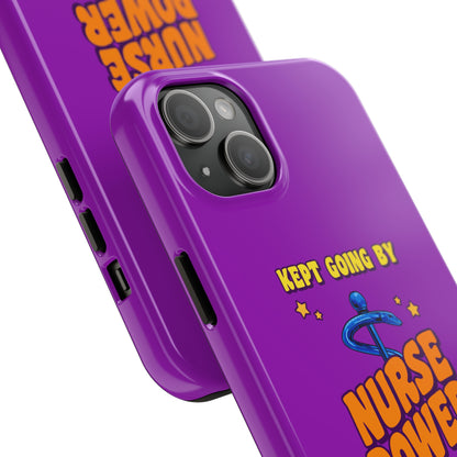 Purple iPhone case with the staff of caduceus centered with the words "Nurse Power" in blue and orange .  Above it the words "Kept Going By" and below the words "and lots of caffeine & candy in yellow."