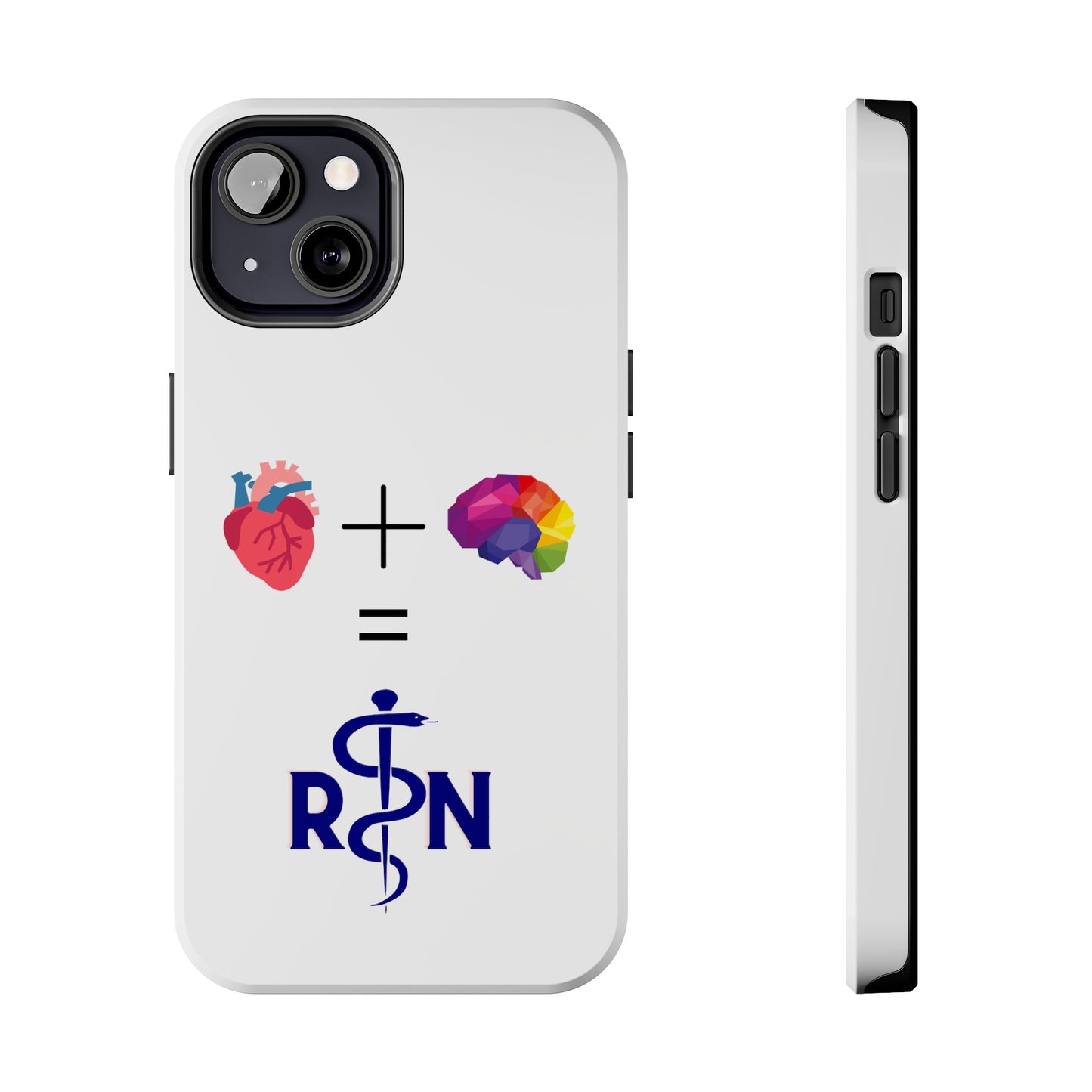 White iPhone case with graphic of a heart, a plus sign, a graphic of a colorful brain, the equals symbol and the letters R and N separated by the staff of Aesculapius.