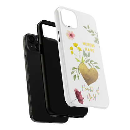 Shows the layers that make up the protection of the case. White iPhone case with wild flowers and a golden flower heart and text that says: "Nurses have hearts of gold".