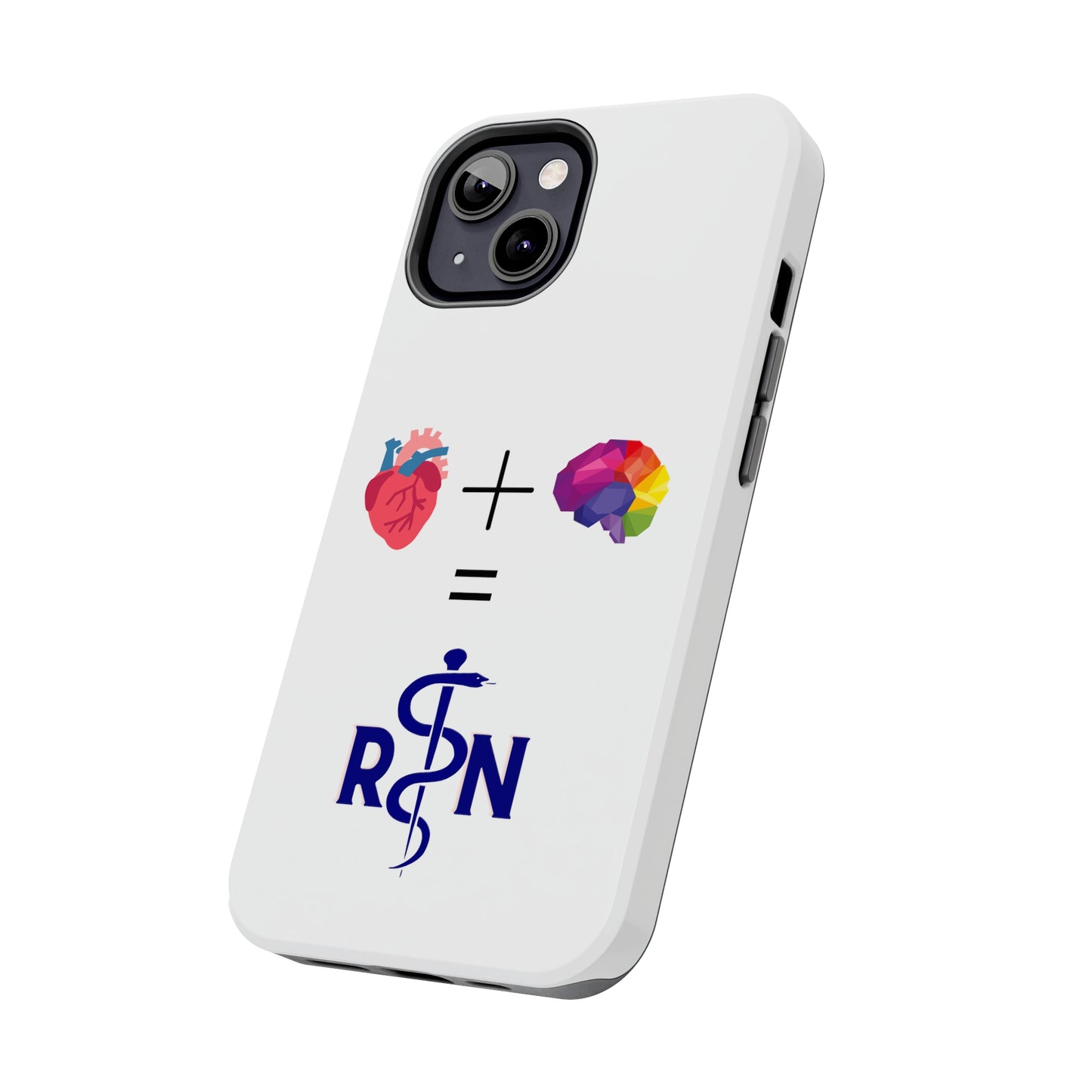 White iPhone case with graphic of a heart, a plus sign, a graphic of a colorful brain, the equals symbol and the letters R and N separated by the staff of Aesculapius.