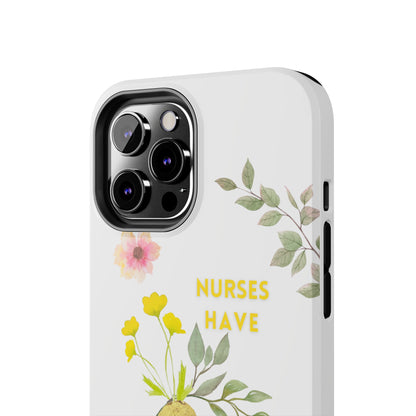 White iPhone case with wild flowers and a golden flower heart and text that says: "Nurses have hearts of gold".