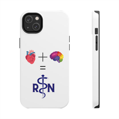 White iPhone case with graphic of a heart, a plus sign, a graphic of a colorful brain, the equals symbol and the letters R and N separated by the staff of Aesculapius.