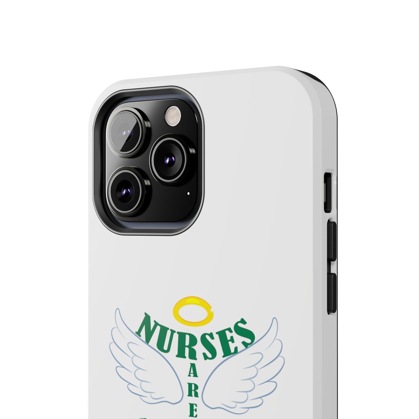 White iPhone case featuring a halo in gold and two white wings and the text "Nurses Are Angels You Can See" suggestive of a person.