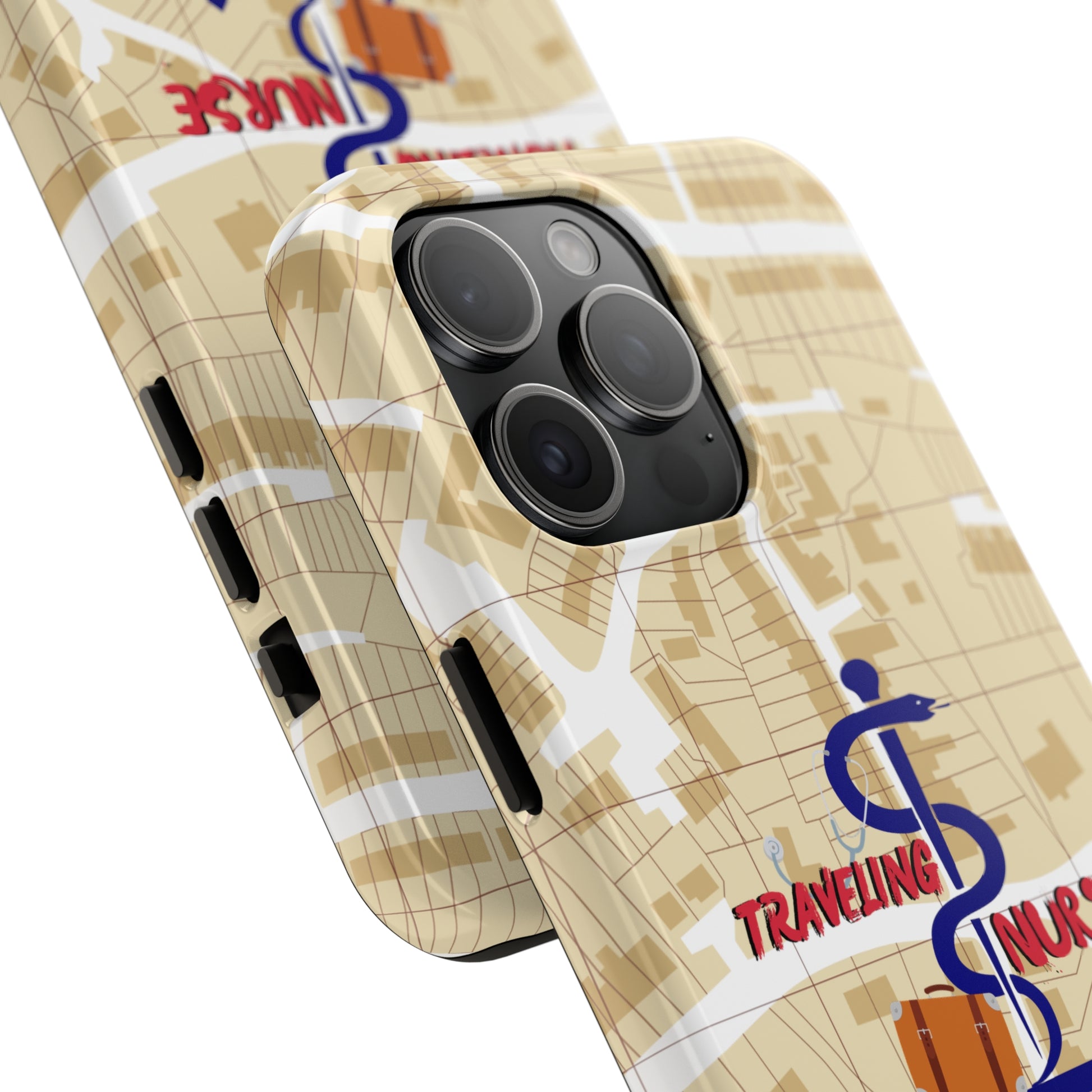 iPhone case with background of a map in brown.  Centered is the Staff of Asclepius riding on a skateboard with a suitcase and the words "Traveling Nurse". Underneath are the words "Living The Dream".