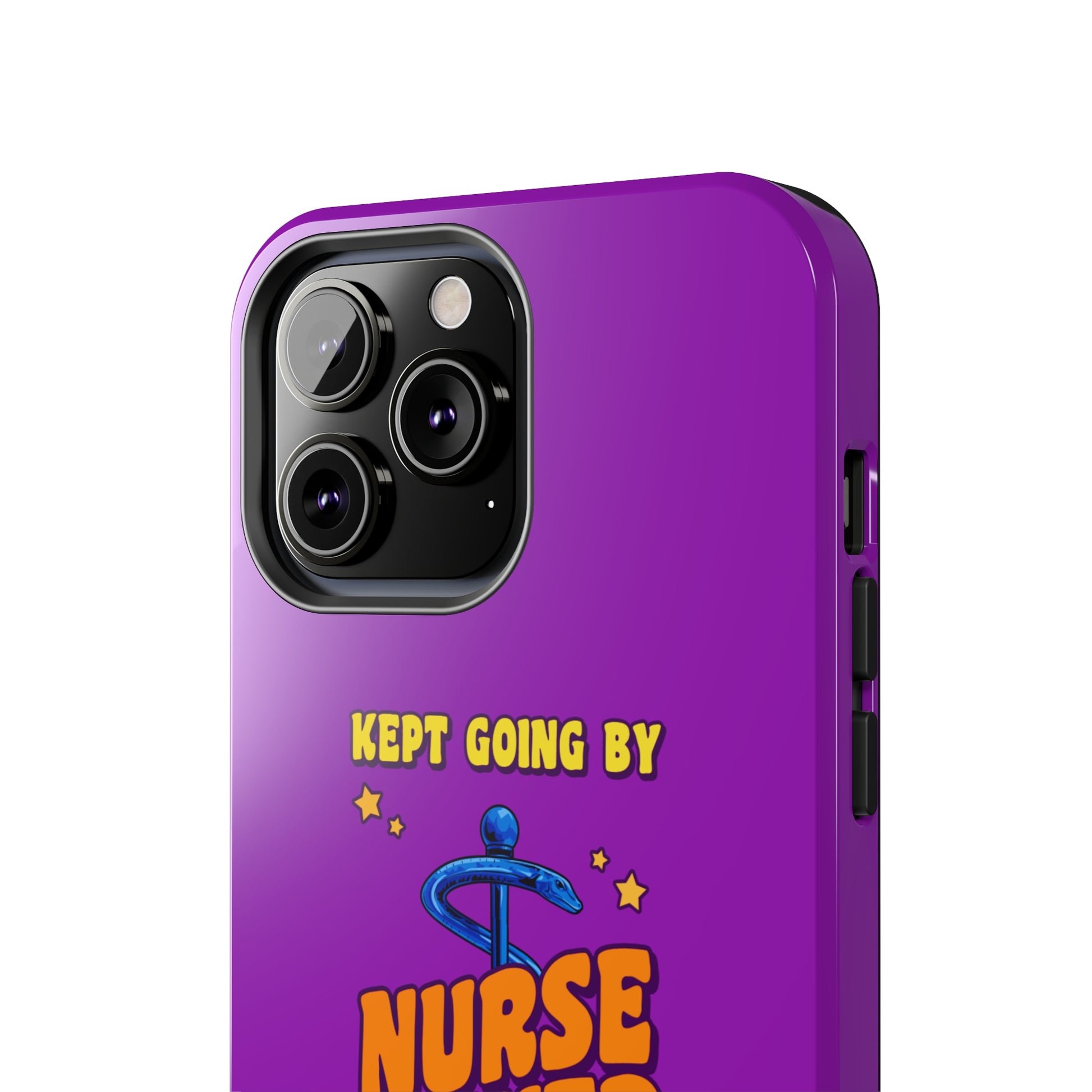 Purple iPhone case with the staff of caduceus centered with the words "Nurse Power" in blue and orange .  Above it the words "Kept Going By" and below the words "and lots of caffeine & candy in yellow."