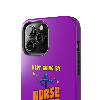 Purple iPhone case with the staff of caduceus centered with the words "Nurse Power" in blue and orange .  Above it the words "Kept Going By" and below the words "and lots of caffeine & candy in yellow."