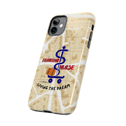 iPhone case with background of a map in brown.  Centered is the Staff of Asclepius riding on a skateboard with a suitcase and the words "Traveling Nurse". Underneath are the words "Living The Dream".