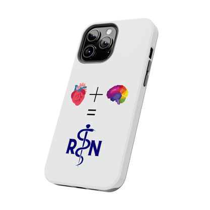 White iPhone case with graphic of a heart, a plus sign, a graphic of a colorful brain, the equals symbol and the letters R and N separated by the staff of Aesculapius.