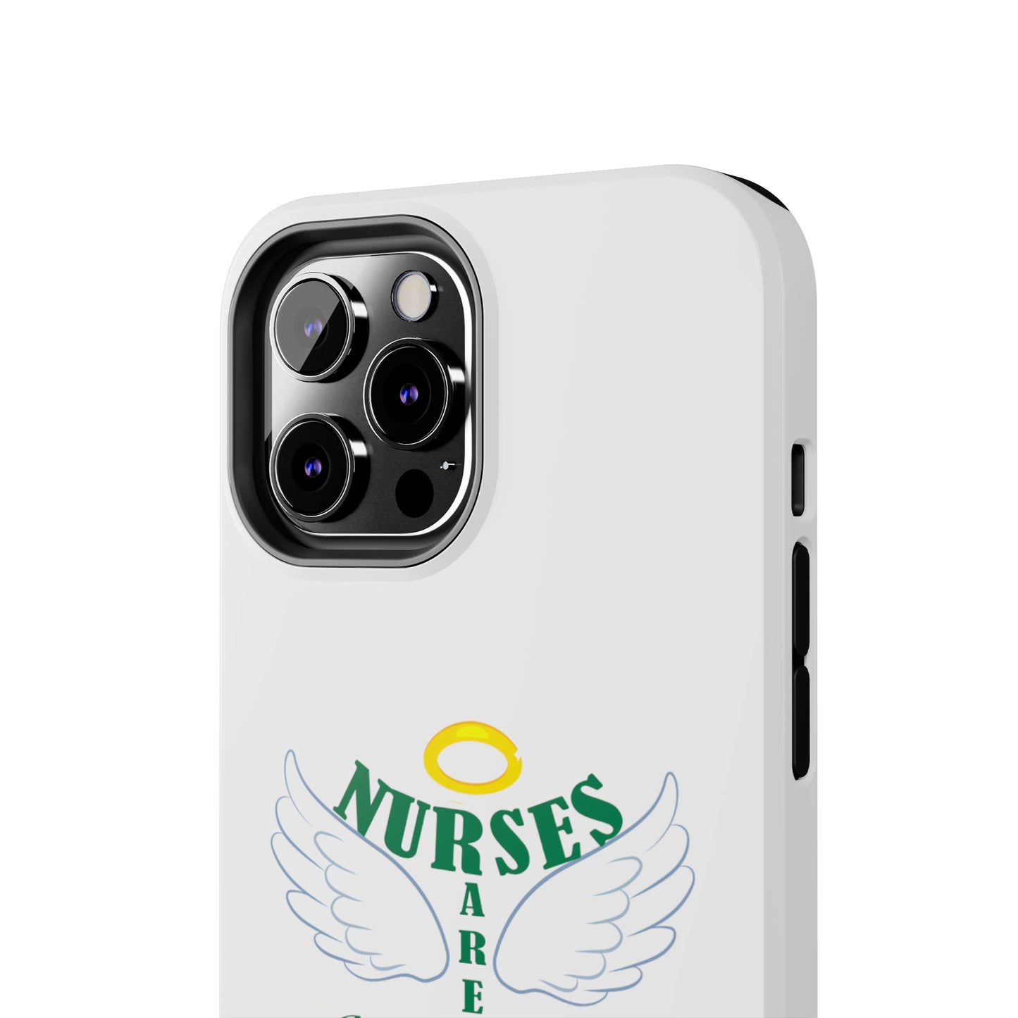 White iPhone case featuring a halo in gold and two white wings and the text "Nurses Are Angels You Can See" suggestive of a person.