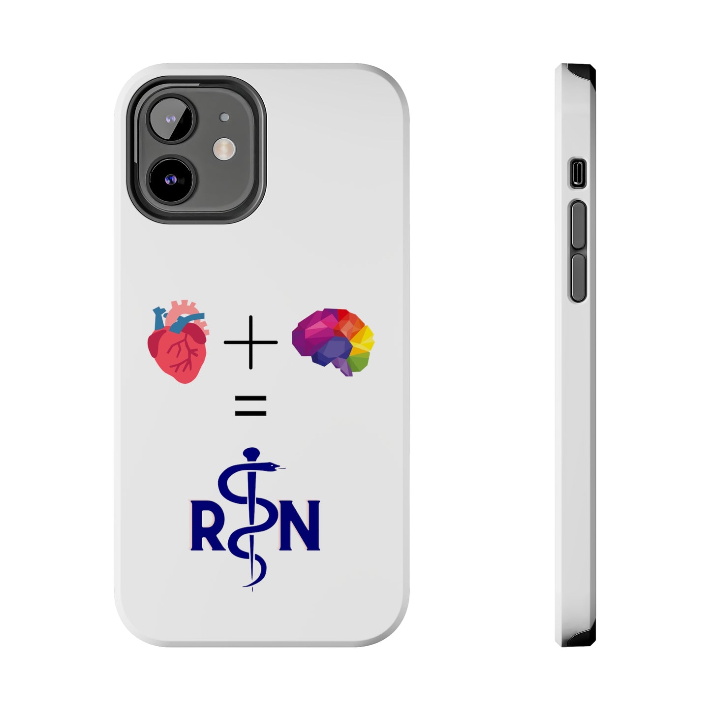 White iPhone case with graphic of a heart, a plus sign, a graphic of a colorful brain, the equals symbol and the letters R and N separated by the staff of Aesculapius.