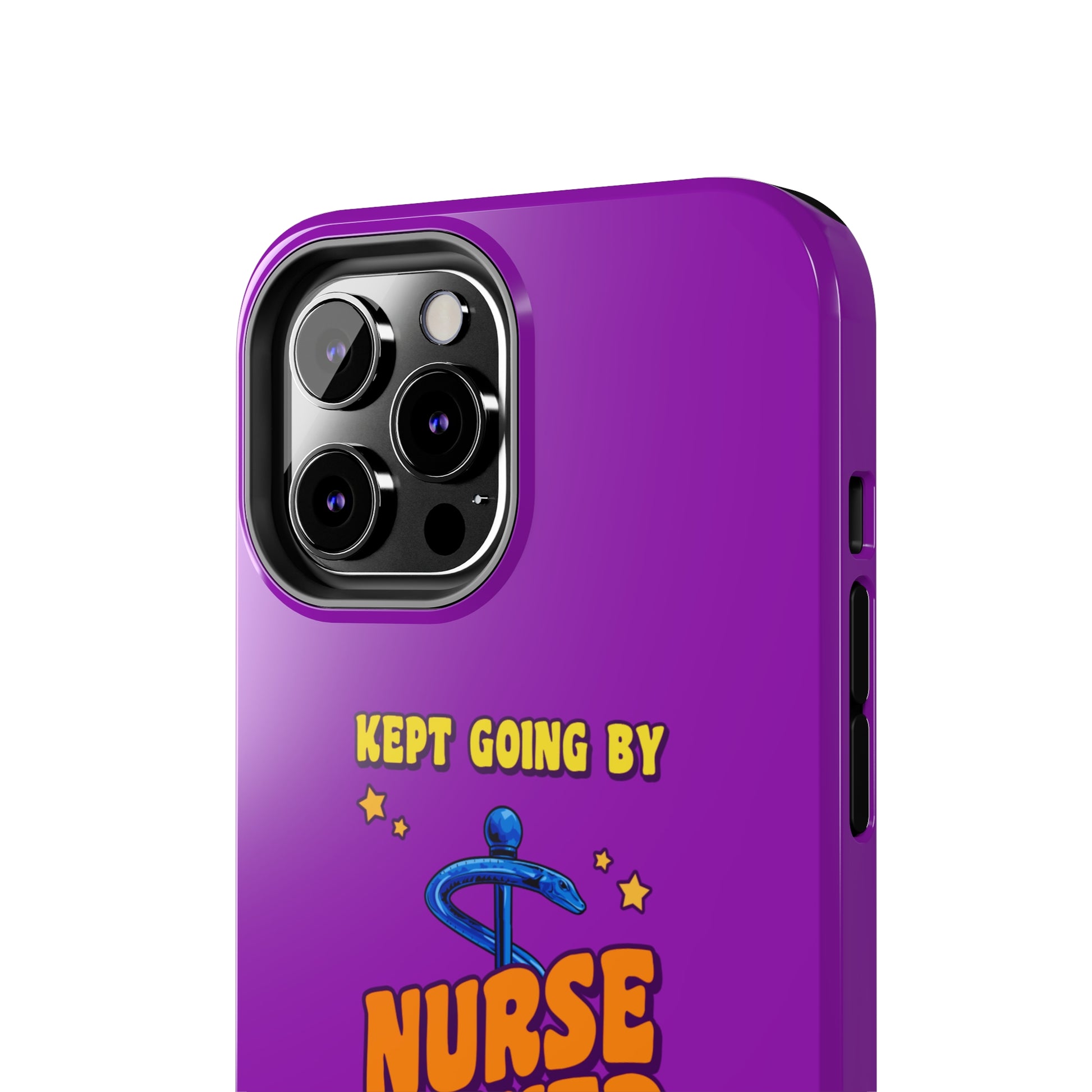 Purple iPhone case with the staff of caduceus centered with the words "Nurse Power" in blue and orange .  Above it the words "Kept Going By" and below the words "and lots of caffeine & candy in yellow."