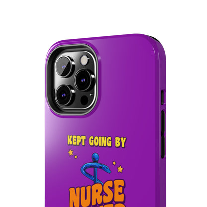 Purple iPhone case with the staff of caduceus centered with the words "Nurse Power" in blue and orange .  Above it the words "Kept Going By" and below the words "and lots of caffeine & candy in yellow."