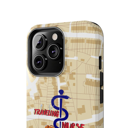 iPhone case with background of a map in brown.  Centered is the Staff of Asclepius riding on a skateboard with a suitcase and the words "Traveling Nurse". Underneath are the words "Living The Dream".