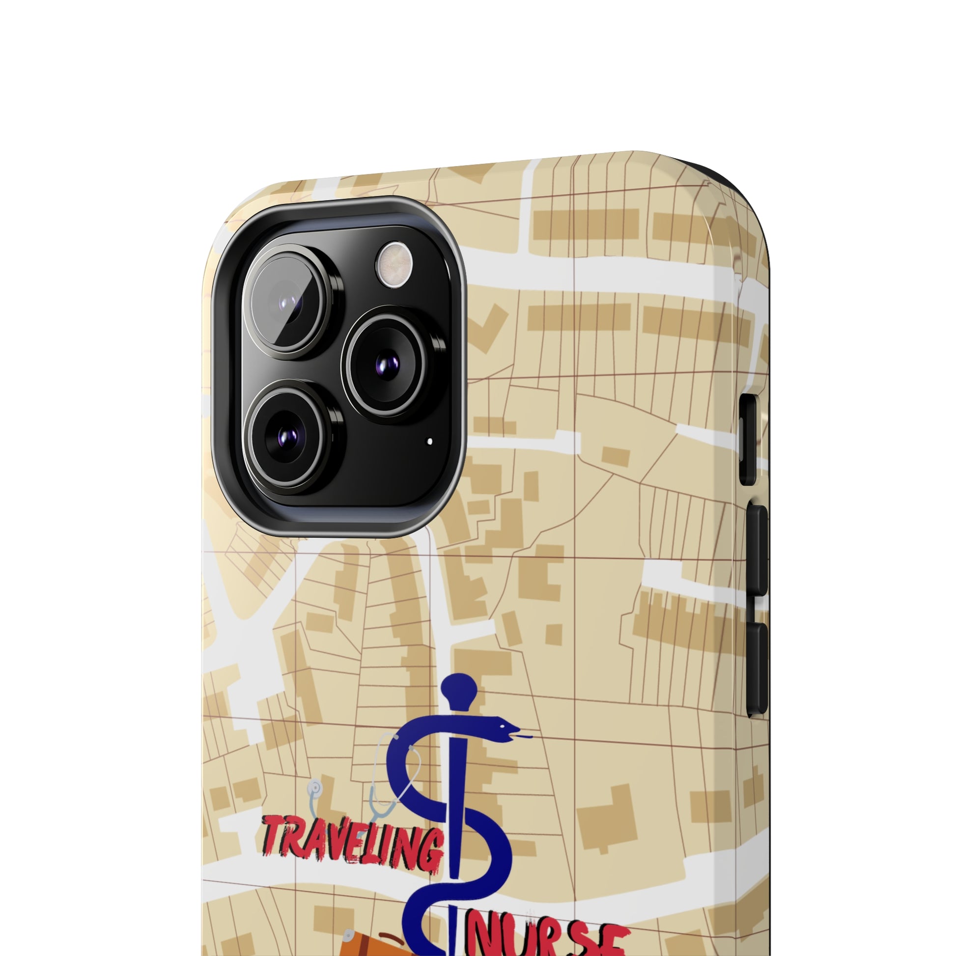 iPhone case with background of a map in brown.  Centered is the Staff of Asclepius riding on a skateboard with a suitcase and the words "Traveling Nurse". Underneath are the words "Living The Dream".