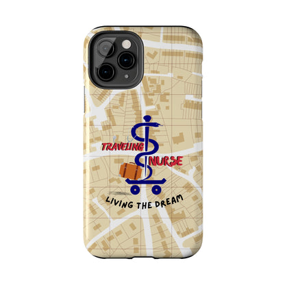 iPhone case with background of a map in brown.  Centered is the Staff of Asclepius riding on a skateboard with a suitcase and the words "Traveling Nurse". Underneath are the words "Living The Dream".